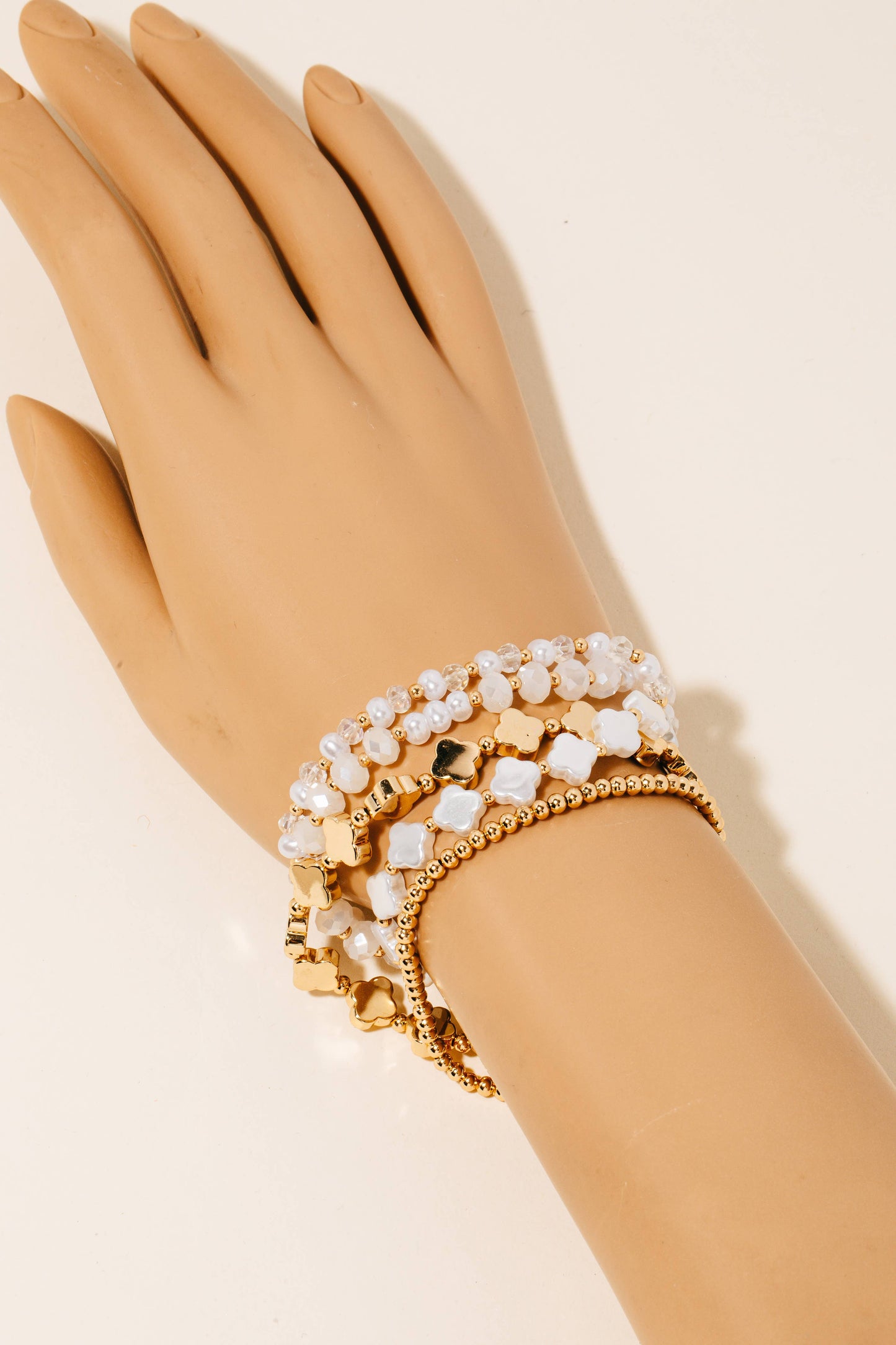 Pearl And Metallic Clover Beaded Bracelets Set