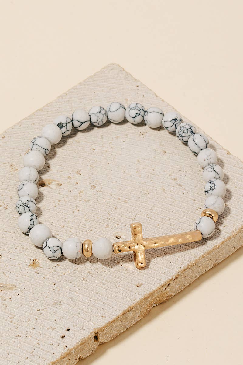 Cross Charm Natural Howlite Beaded Bracelet