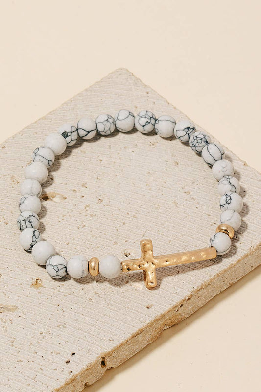 Cross Charm Natural Howlite Beaded Bracelet