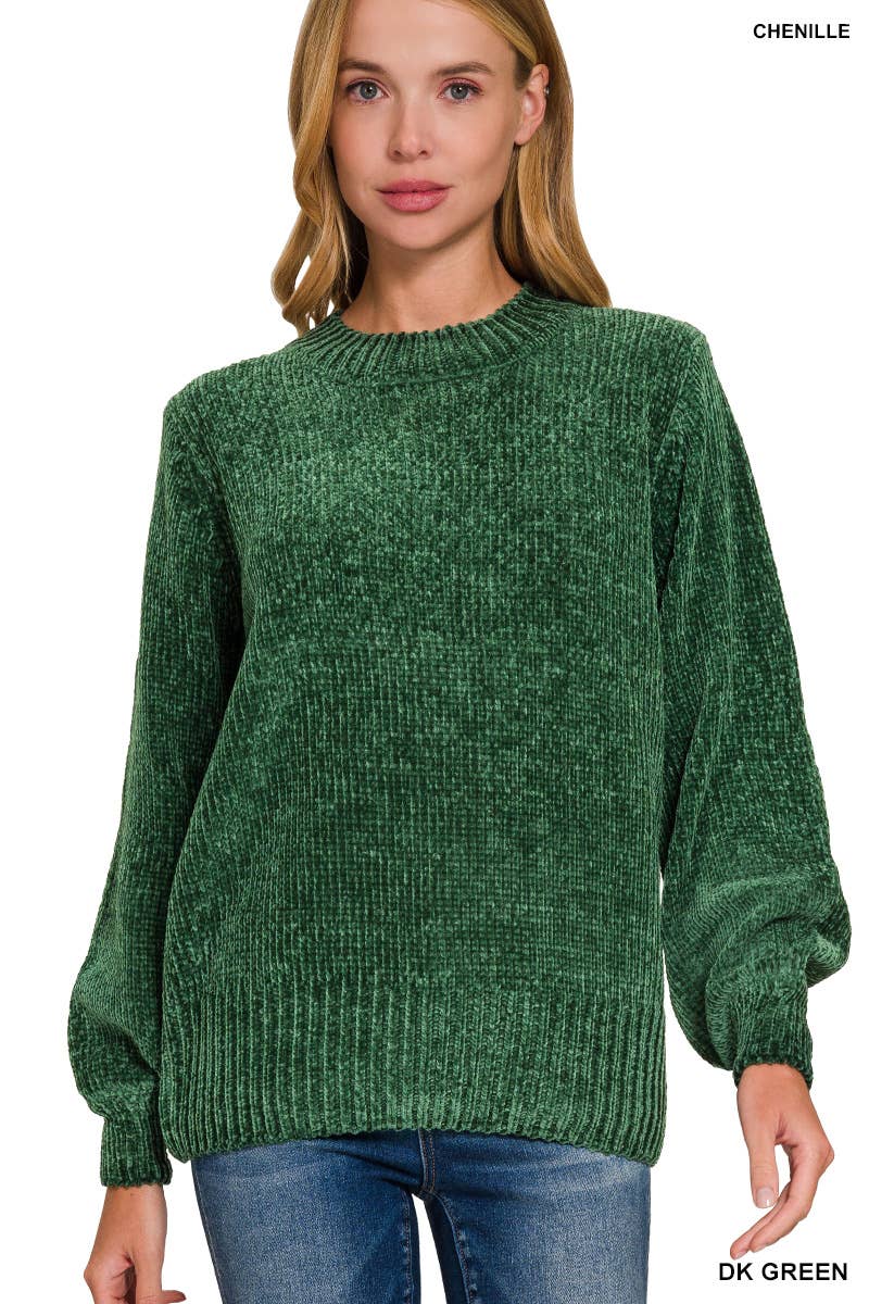 Round Neck Balloon Sleeve Chenille Sweater-Green