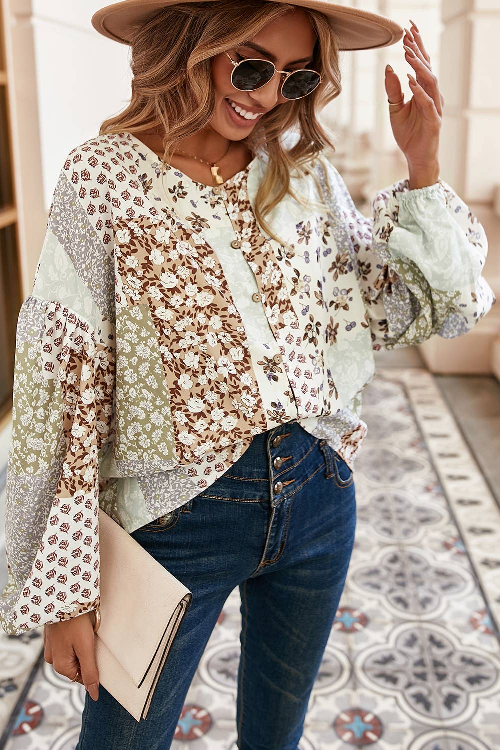 Multicolor Floral Patchwork Print Long Sleeve Top