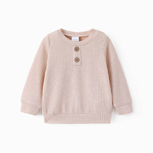 Baby Boy/Girl Button Solid Ribbed Knitted Long-sleeve Top