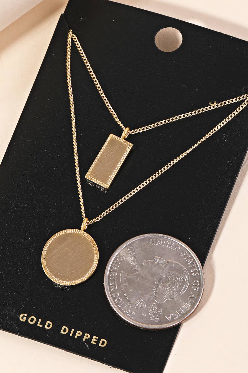 Gold Layered Rectangle Disc Pendant Necklace