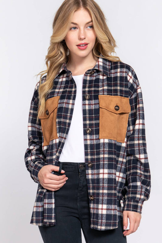 Suede Pocket Brushed Plaid Shacket