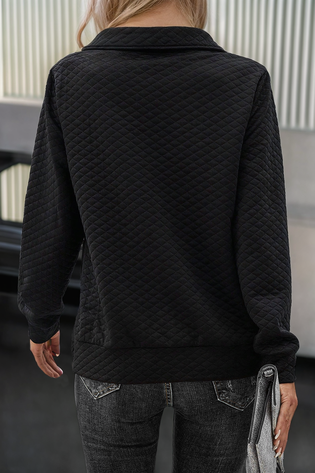 Black Half Zipper Quilted Pullover Sweatshirt