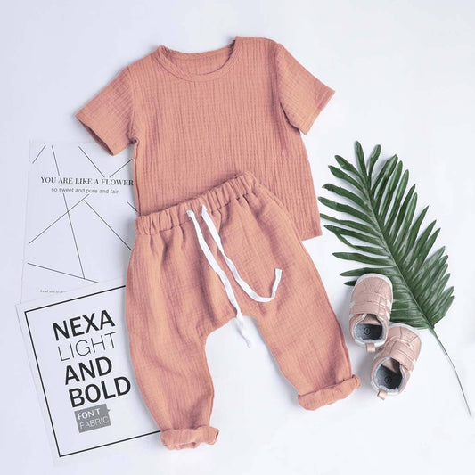 Baby Solid Short-sleeve Linen Top and Pants Sets