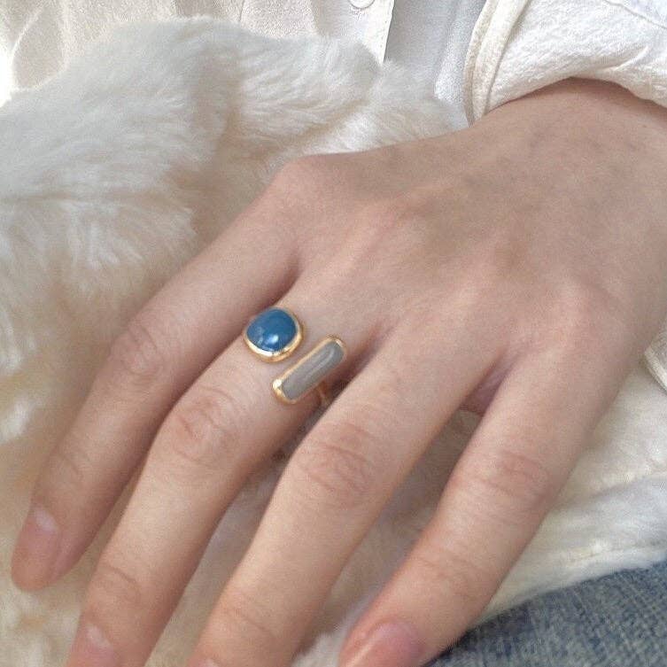 Stone Ring in Solid Copper, Enamel: Blue
