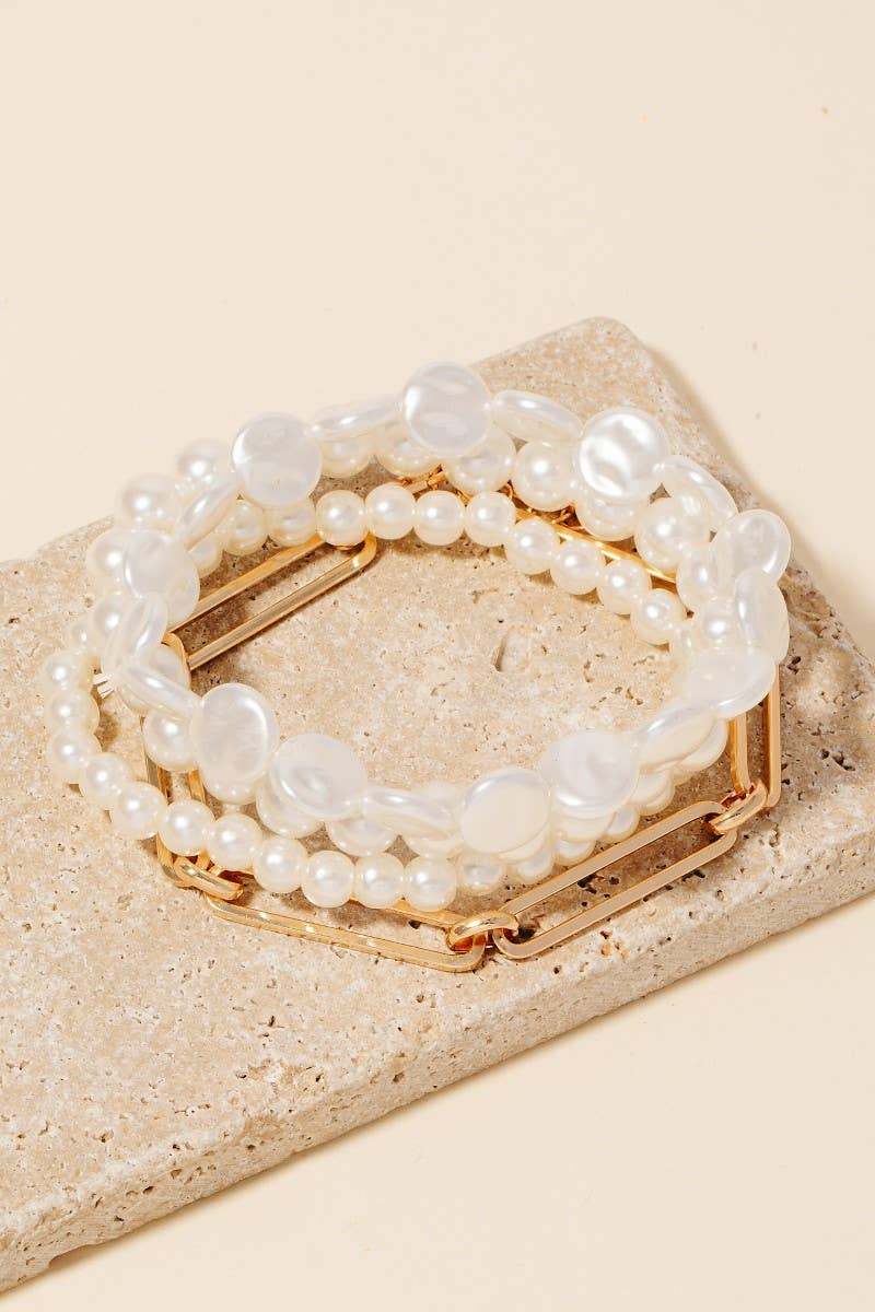 Layered Pearl Beaded And Chains Bracelet Set