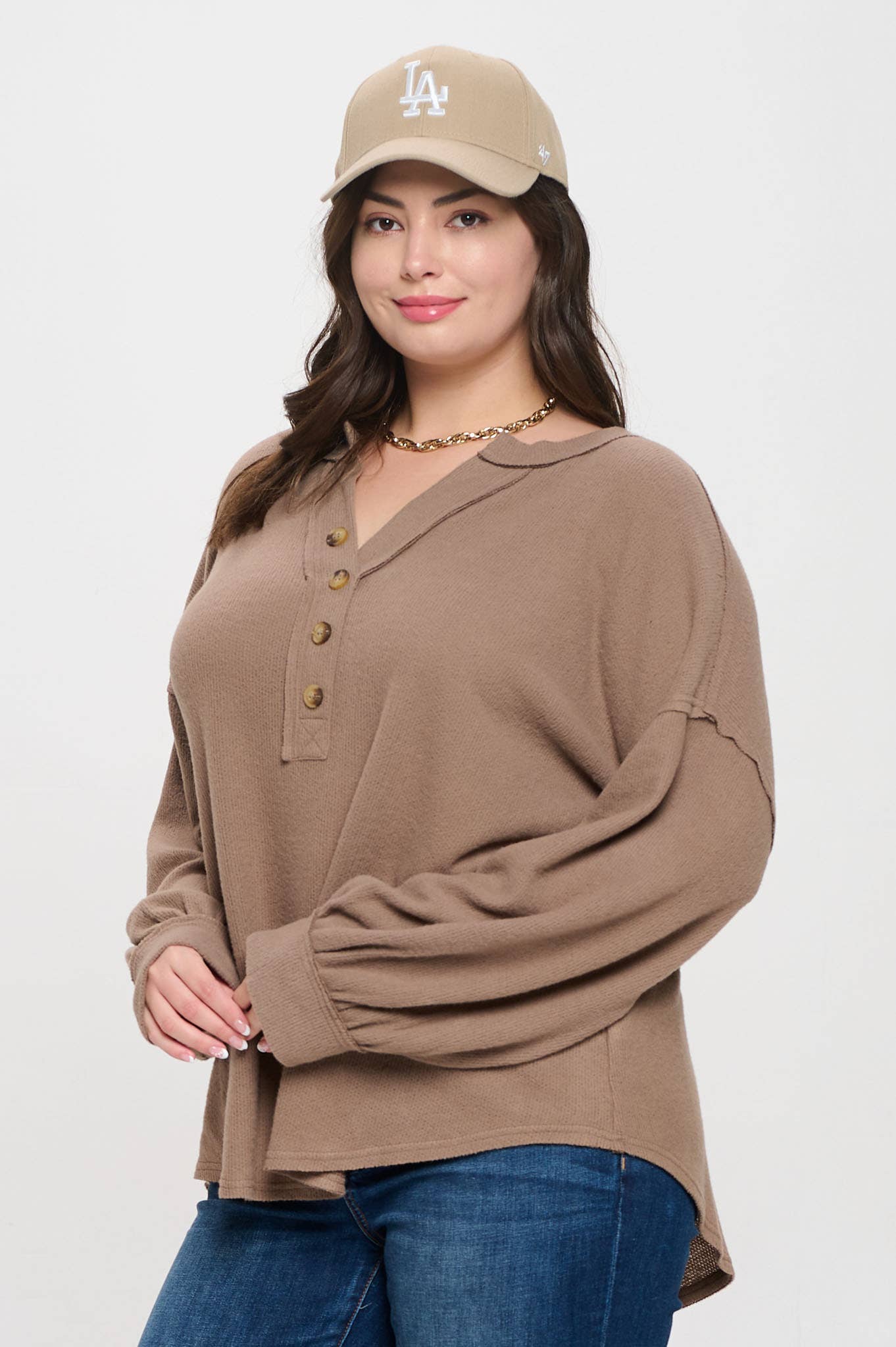 Plus V Neck Button Long Sleeve Top