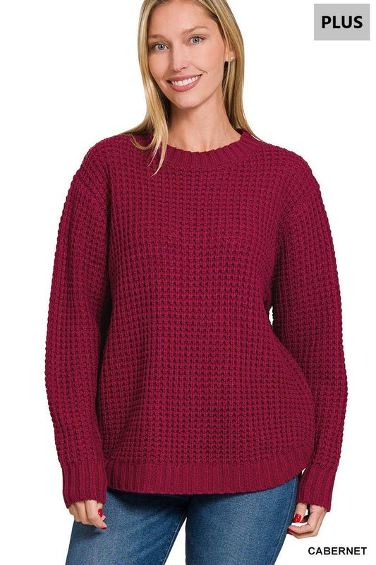 Plus Hi-low Long Sleeve Round Neck Waffle Sweater