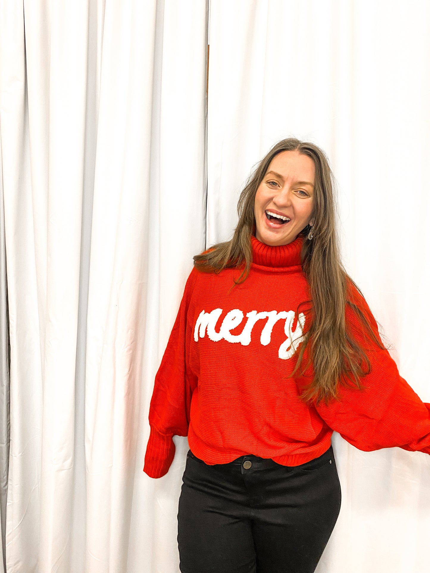 Merry Letter Embroidered Red High Neck Sweater