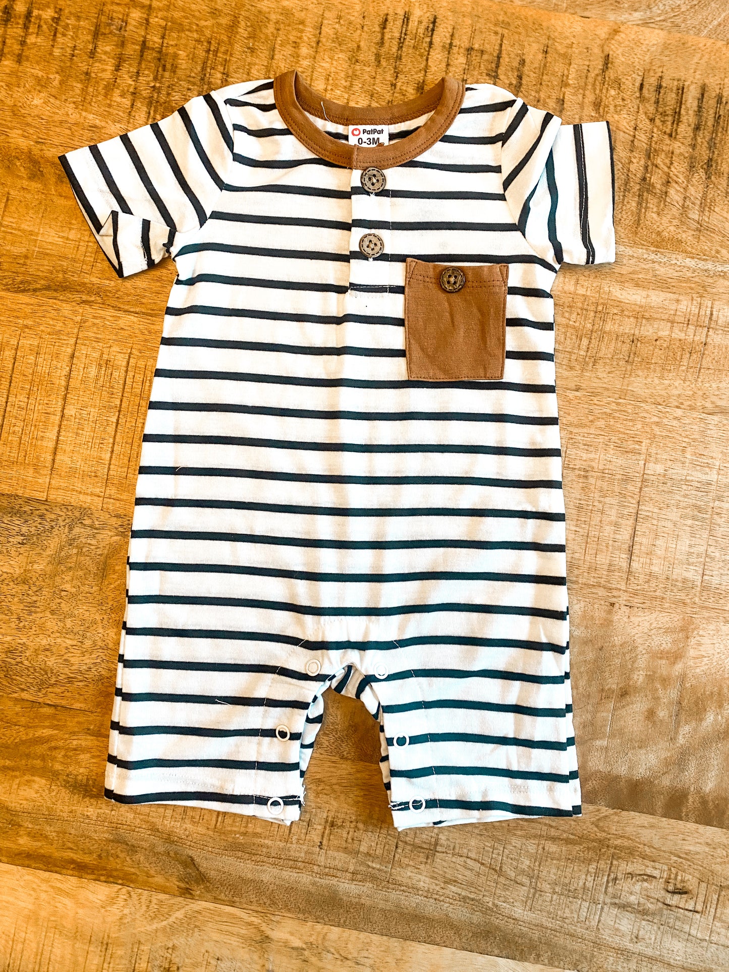 Cotton Short-Sleeve Striped Romper with Pocket