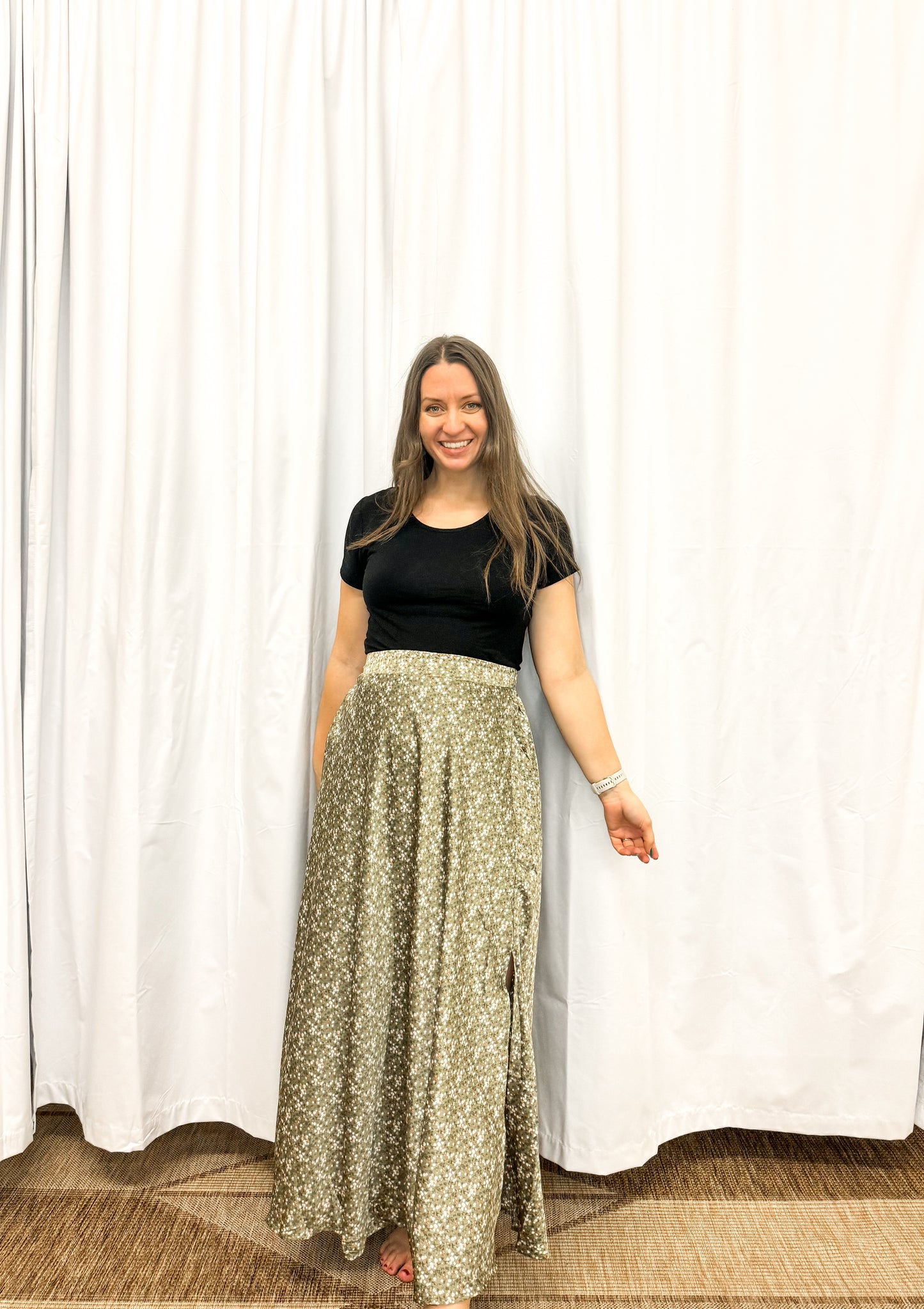 Olive Floral Stretch Satin Flare Maxi Skirt