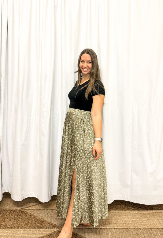 Olive Floral Stretch Satin Flare Maxi Skirt