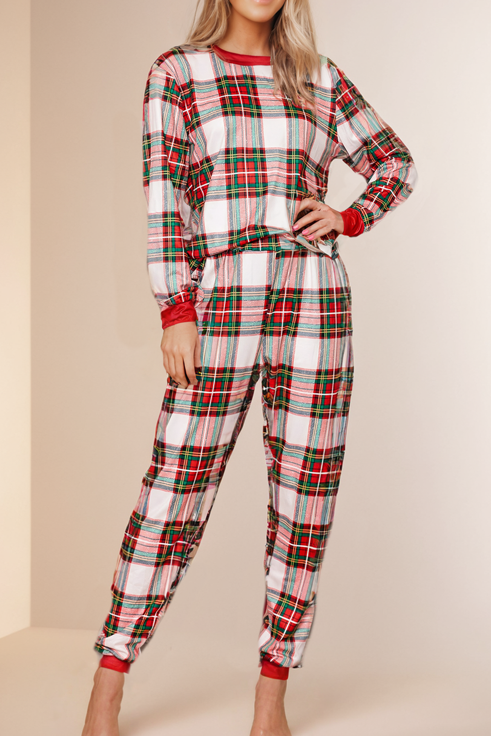 Christmas Holiday Plaid Print Long Sleeve Top and Pants Lounge Set