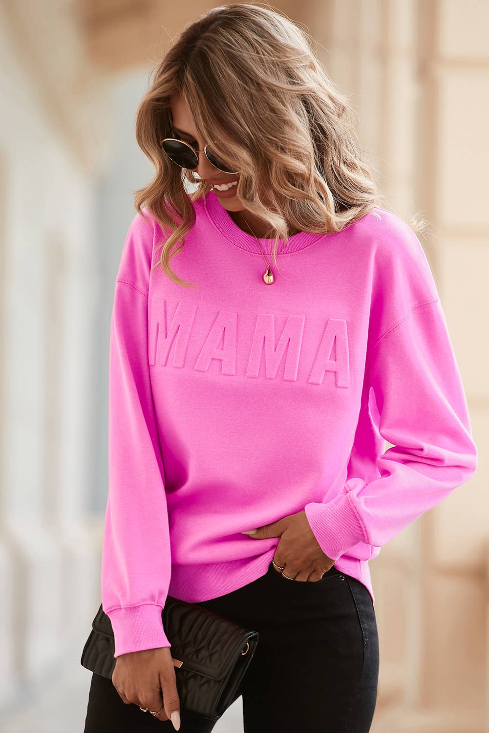 Bright Pink MAMA Letter Embossed Crew Neck Sweatshirt