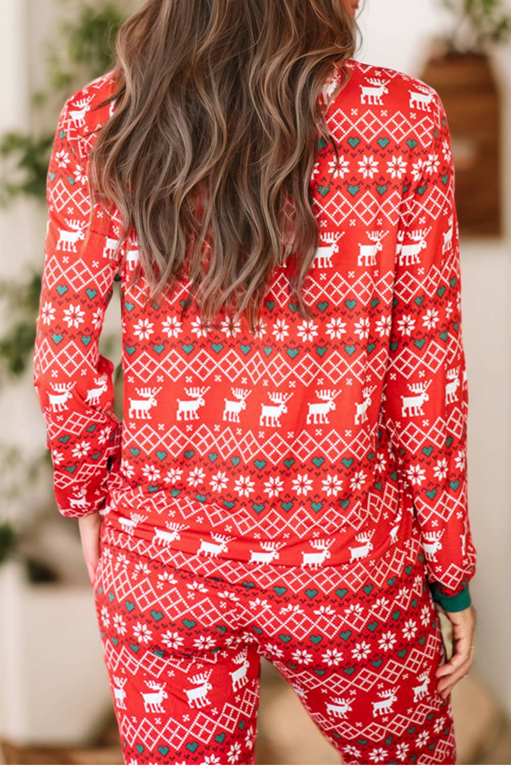 Red Christmas Print Henley Top Pajama Set