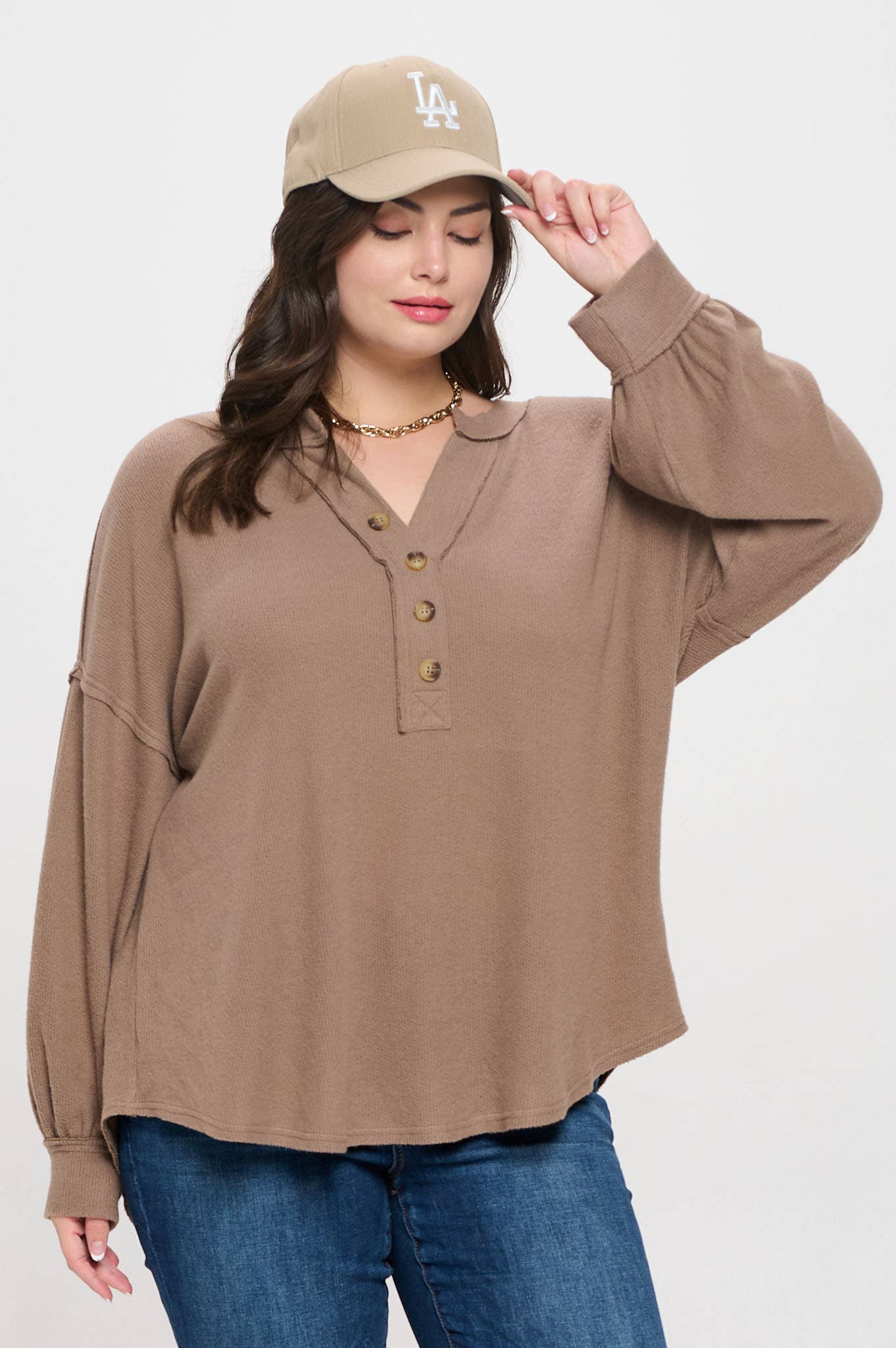 Plus V Neck Button Long Sleeve Top