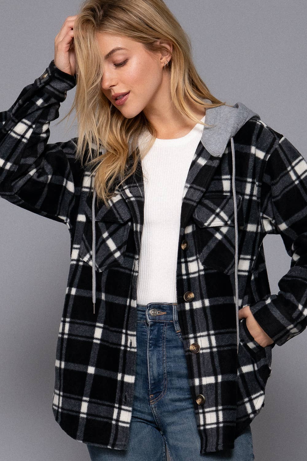 Plaid Print Hoodie Fleece Jacket with Pockets