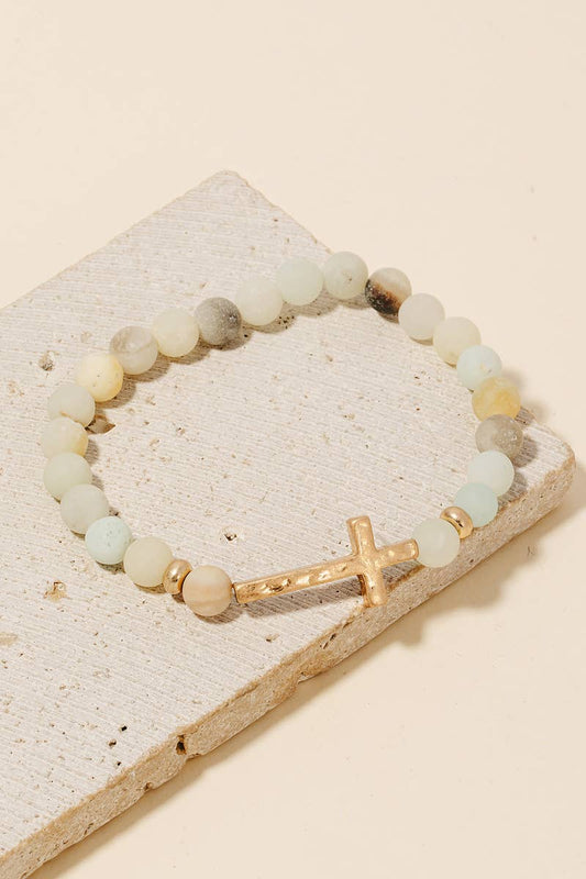 Cross Charm Natural Amazonite Beaded Bracelet