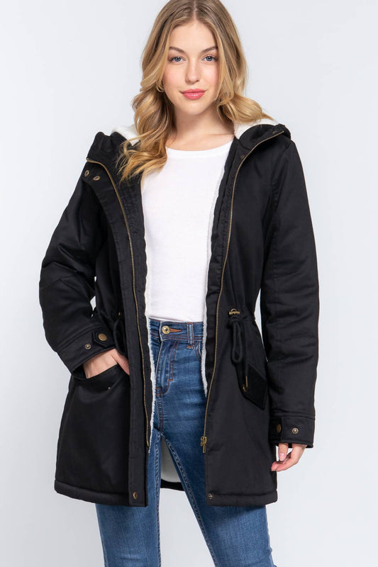 Fleece Lined Fur Hooded Jacket-Black