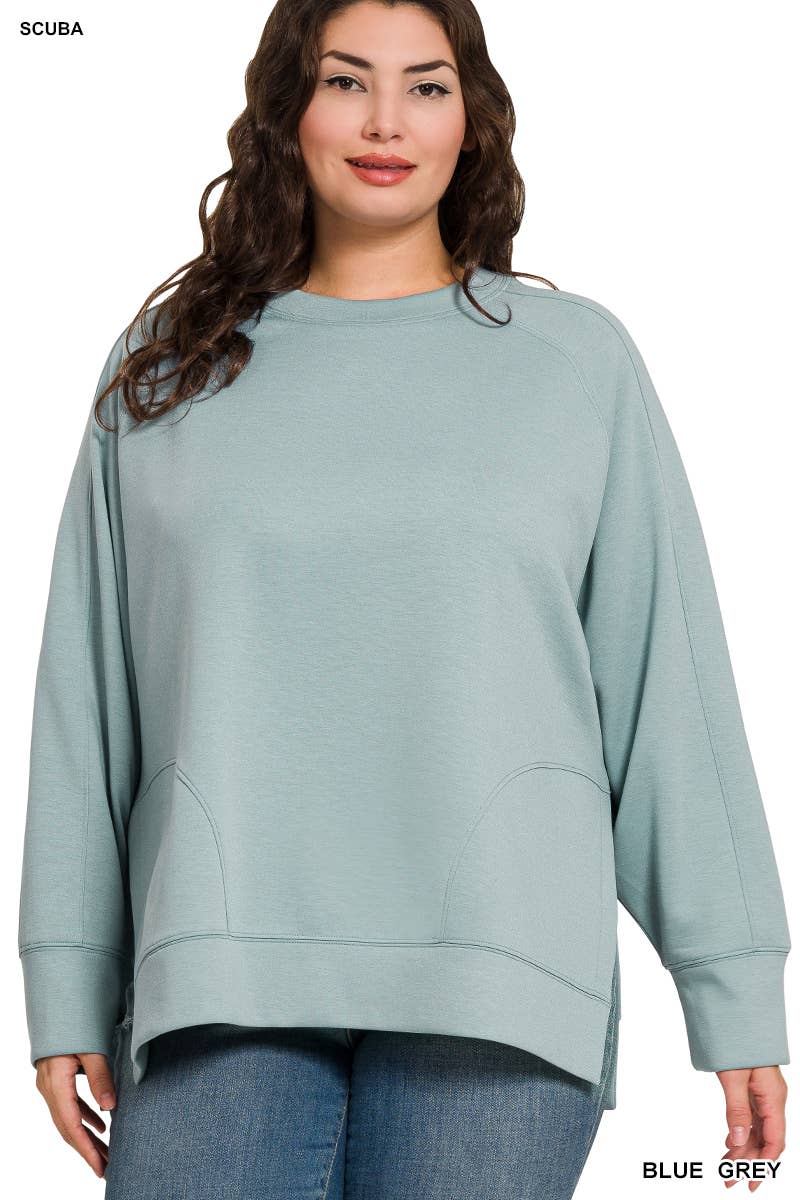 Plus Scuba Round Neck Pullover With Side Slits