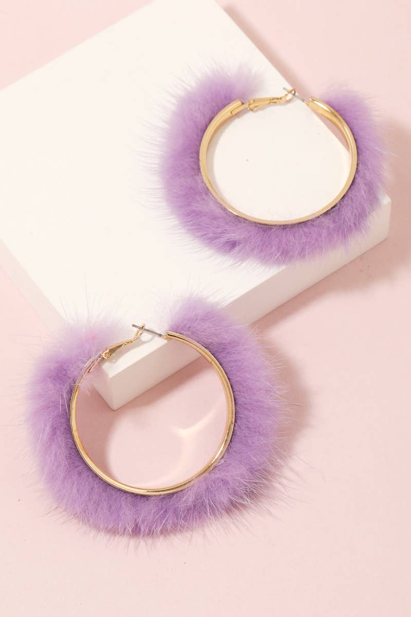 Furry Metallic Lavender Accent Hoop Earrings