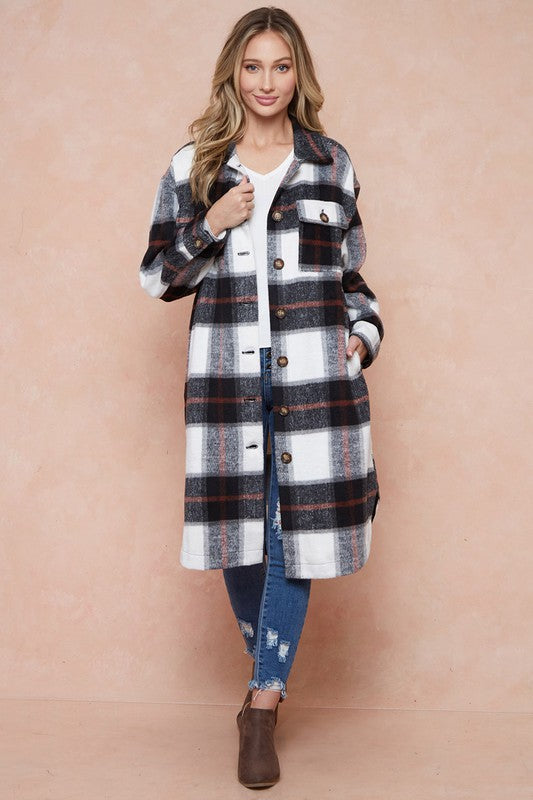 Brushed Flannel Plaid Button Long Coat