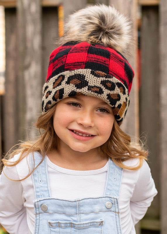 Kids Red Buffalo Plaid with Leopard Trim Hat