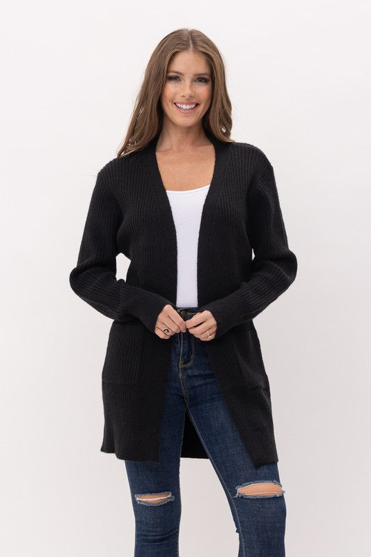Black Ribbed Open Front Cardigan