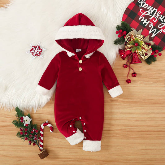 Santa Baby Holiday Fur Brim Plush Jumpsuit: Red