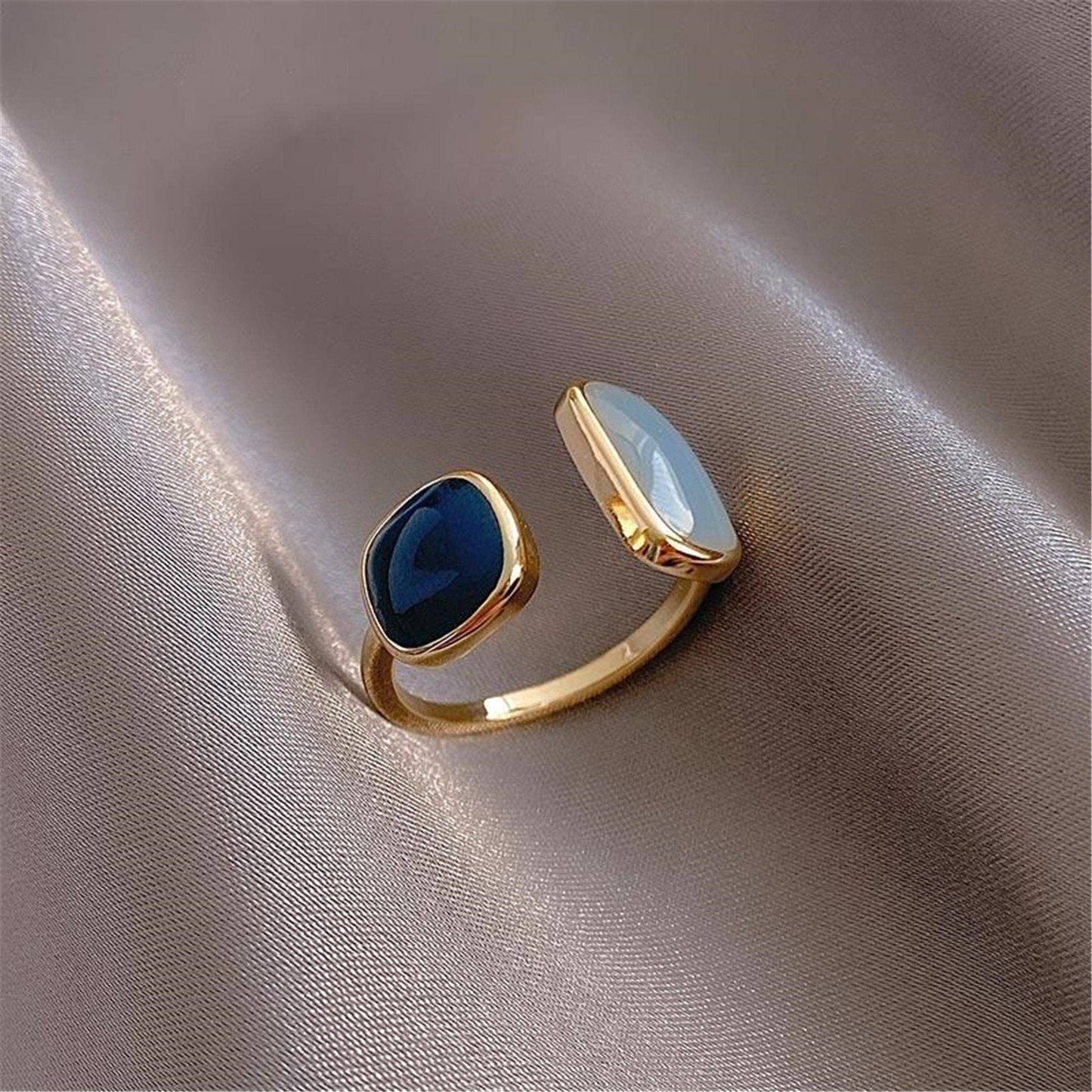 Stone Ring in Solid Copper, Enamel: Blue
