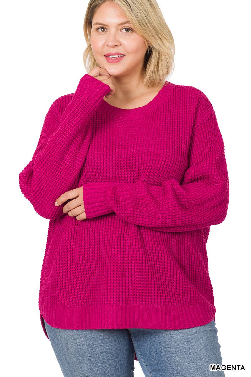 Plus Size Hi-low Long Sleeve Round Neck Waffle Sweater-Magenta