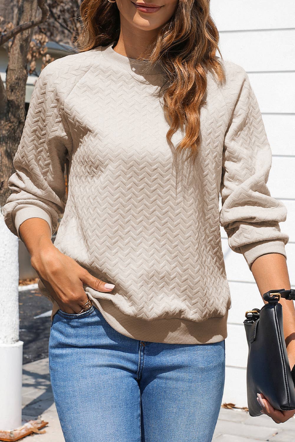 Beige Textured Raglan Sleeve Pullover Sweatshirt