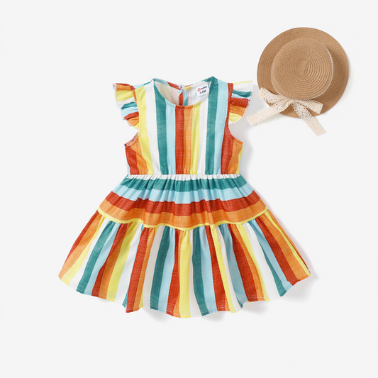 Baby Girl Sweet Stripe Pattern Flutter-Sleeve Dress