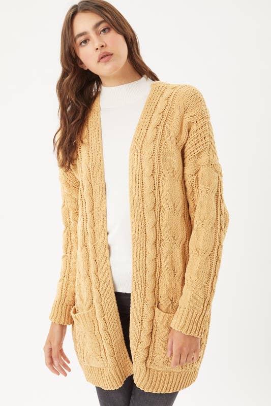 Honey Chunky Cable Knit Ribbed Open Front Cardigan
