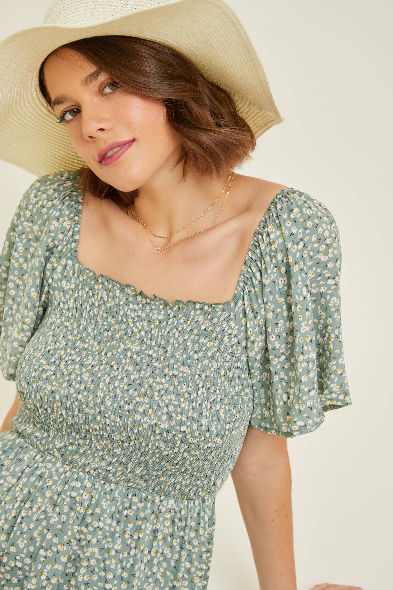 Convertible Smocked Ditsy Floral Midi Dress