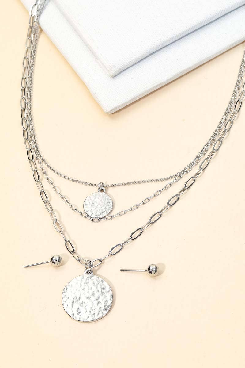 Hammered Disc Pendant Layered Chain Necklace