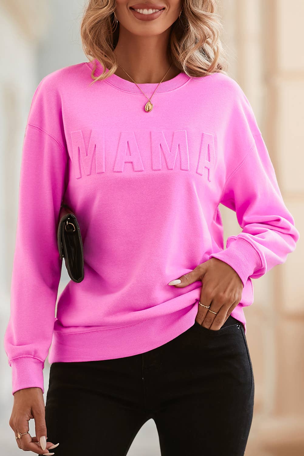 Bright Pink MAMA Letter Embossed Crew Neck Sweatshirt