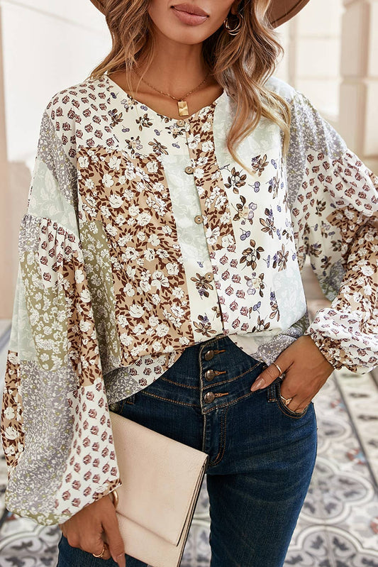 Multicolor Floral Patchwork Print Long Sleeve Top