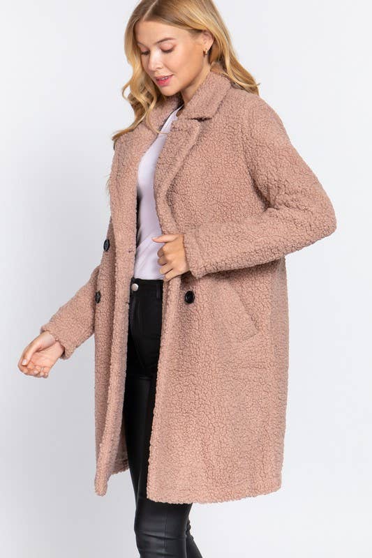 Mauve Long Sleeve Double Breasted Faux Fur Teddy Coat