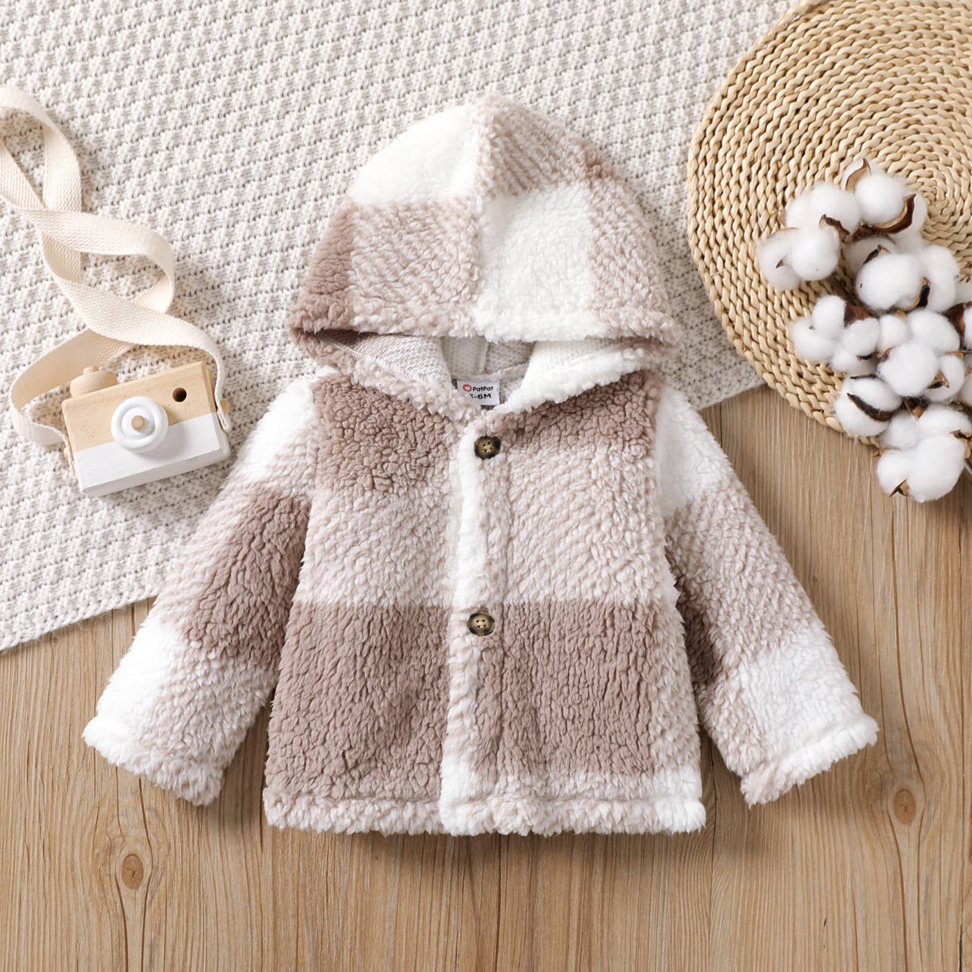 Baby Hooded Gingham Pattern Jacket: Khaki
