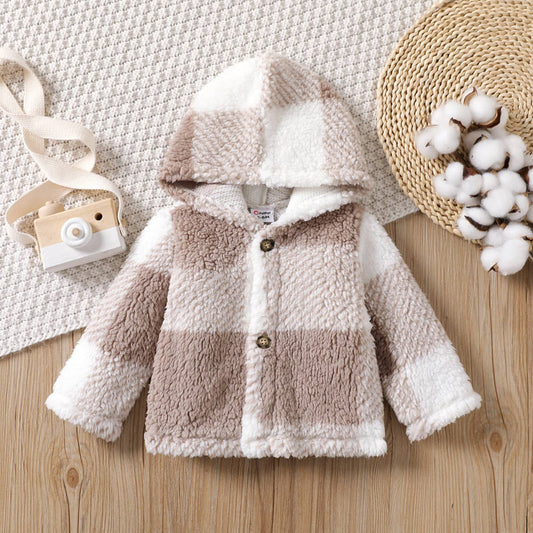 Baby Hooded Gingham Pattern Jacket: Khaki